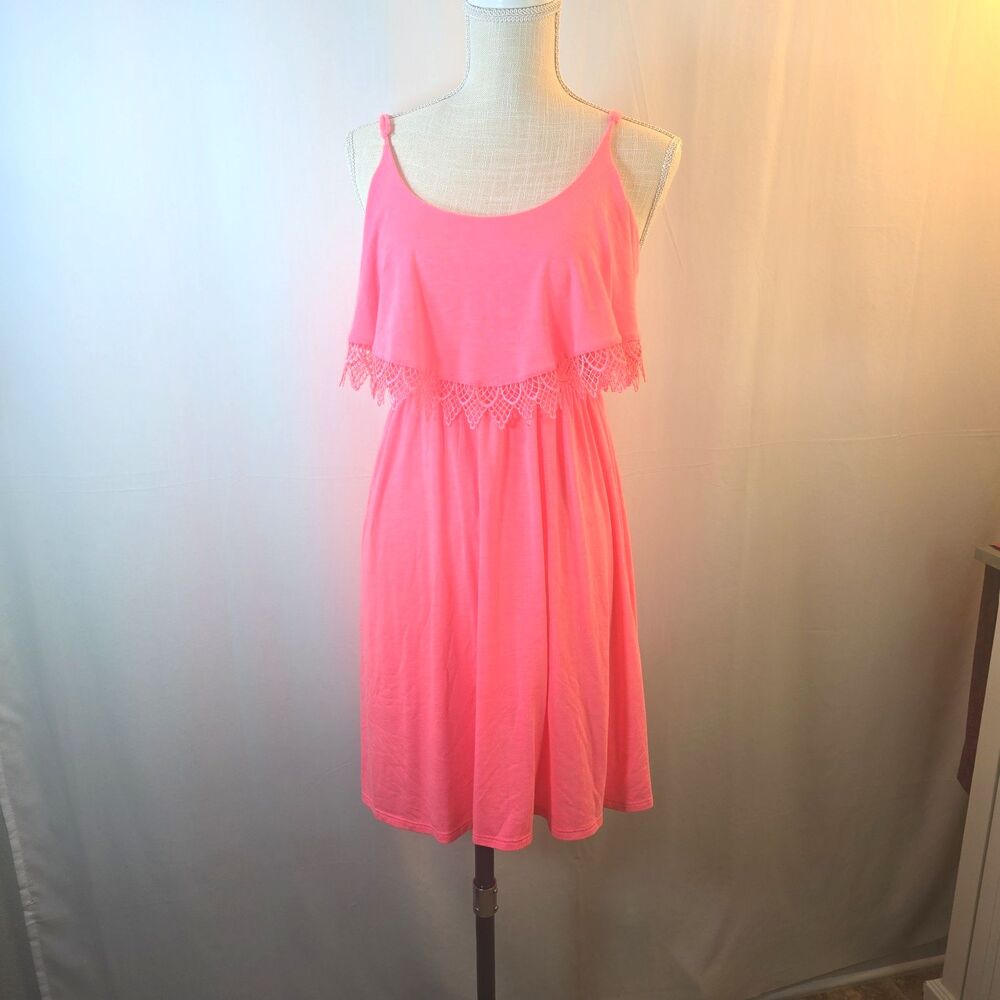 Xhilaration Bright Coral Summer Dress Cover-Up Size L Ruffle Overlay Crochet